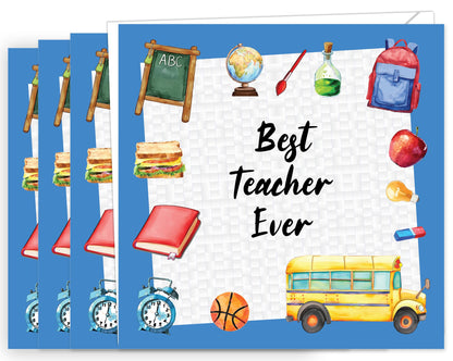 4 Thank You Teacher Cards with Envelope - Teacher Cards for Women and Men Best Teacher Ever - Made in the UK