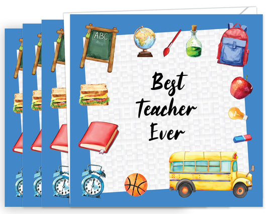 4 Thank You Teacher Cards with Envelope - Teacher Cards for Women and Men Best Teacher Ever - Made in the UK