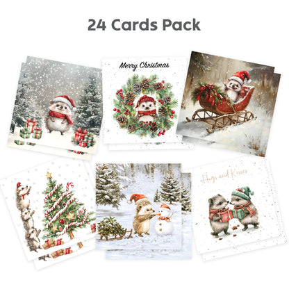 Cute Hedgehog Christmas Cards Designs Multipack of 24  Greeting card for Family Kids & Friends - Made in the UK