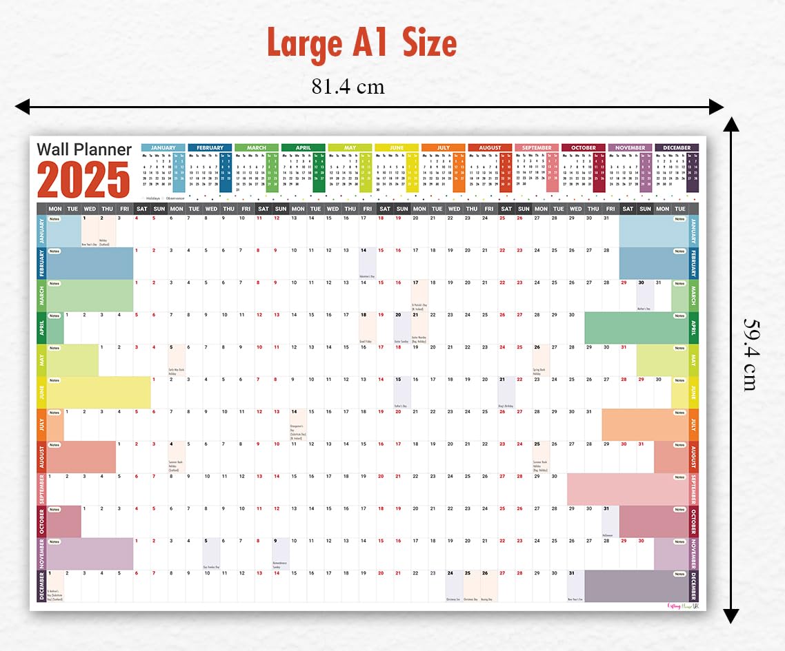 Giftinghouse 2025 Wall Planner A1 Laminated - Full Year Wall Planner 2025 UK - Wall Calendar 2025 with mount stickers for academic, office, home and school by (59.4 x 84.1 cm) - A1 size.