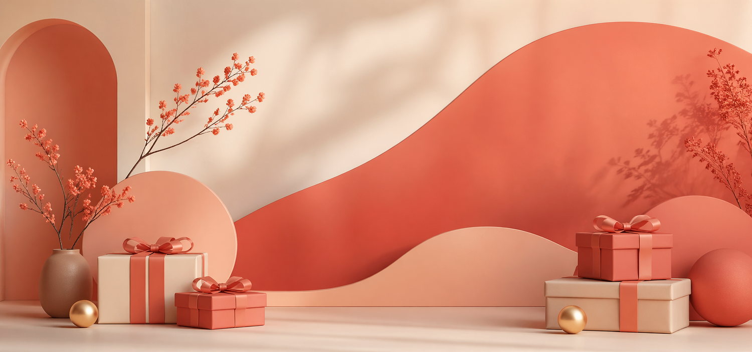 Decorative scene with gift boxes and floral arrangements on a wavy peach-colored background