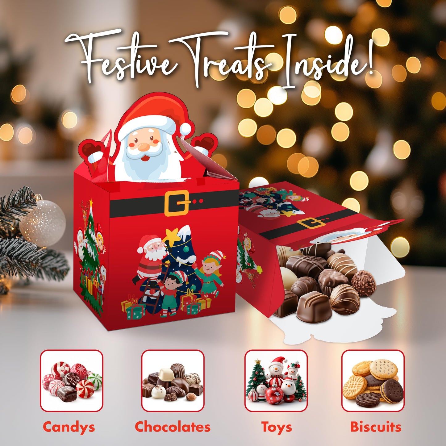 Giftinghouse Christmas sweet boxes empty for gifts -12/24/50 pcs - Christmas Treat presents - candy cupcake cookie – Large DIY Party Favor- Santa Claus boxes for decoration
