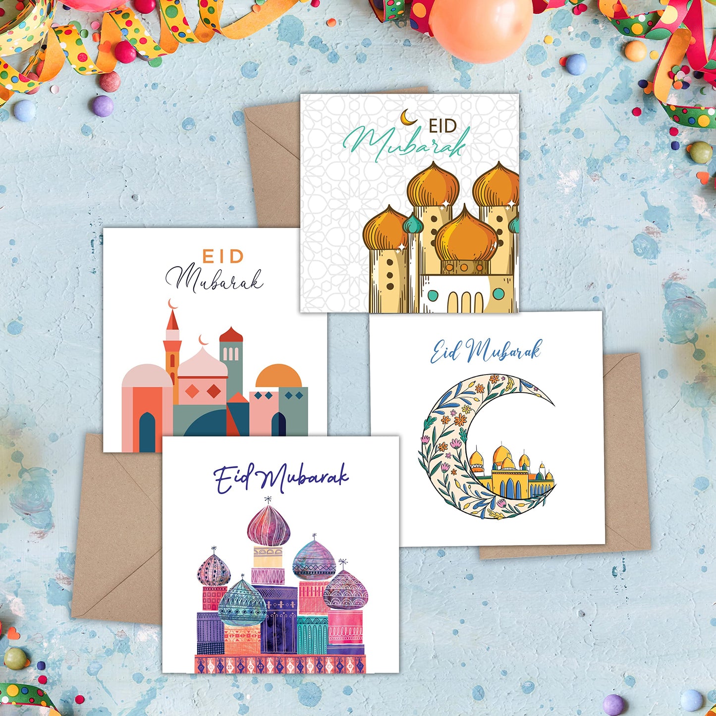 Giftinghouse Eid Cards Pack of 4 with envelopes - Eid Mubarak Cards multipack greetings cards - Eco Friendly card for kids and Family