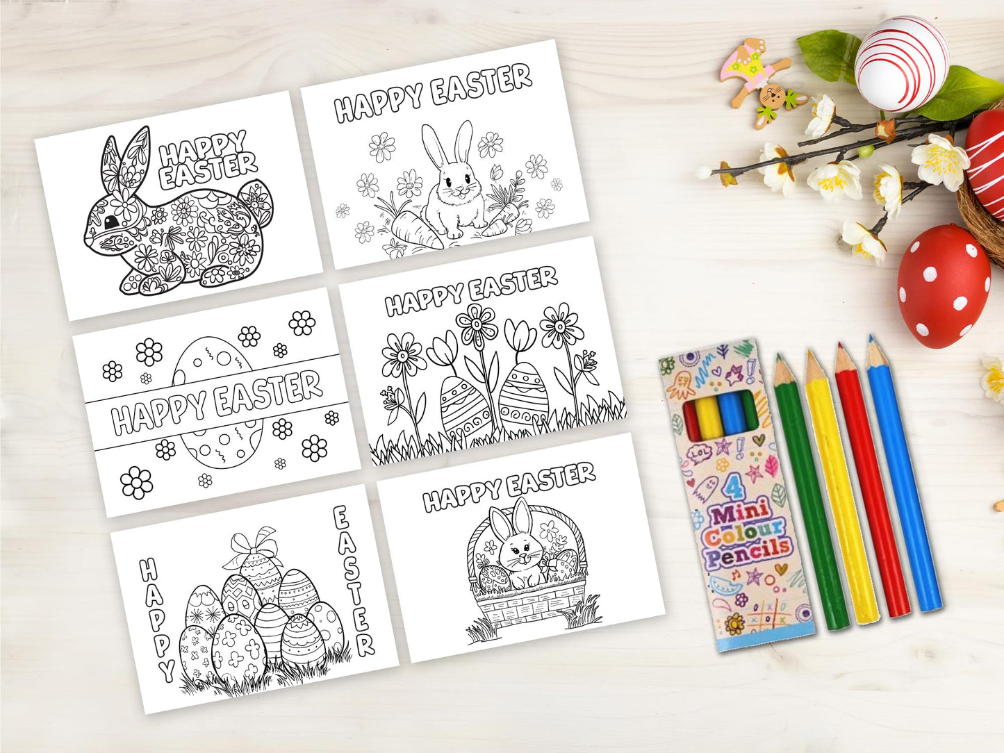 Giftinghouse Colouring Easter Cards 12/24 with Colouring Pencils and Envelopes for Kids, Easter Cards Multipack - Featuring 6 Mixed Easter Designs, Eco-friendly Greeting Cards Gift for kids (24 PACKS)