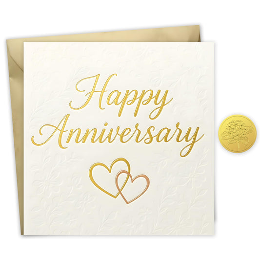 Happy Anniversary Card – Gold Foil Embossed Design with Sticker – Wedding Anniversary Card for Husband, Wife, Him, Her, Mum, Dad & Couples – 15x15 cm – Made in the UK