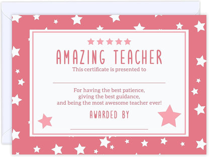 1/6 Premium Thank You Teacher Cards - Certificate for Amazing Teacher- Women Men Appreciation - Leaving Presents for Best, Nursery Teacher