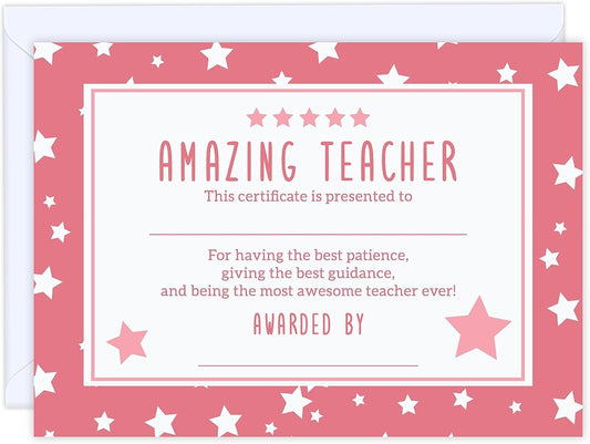 1/6 Premium Thank You Teacher Cards - Certificate for Amazing Teacher- Women Men Appreciation - Leaving Presents for Best, Nursery Teacher