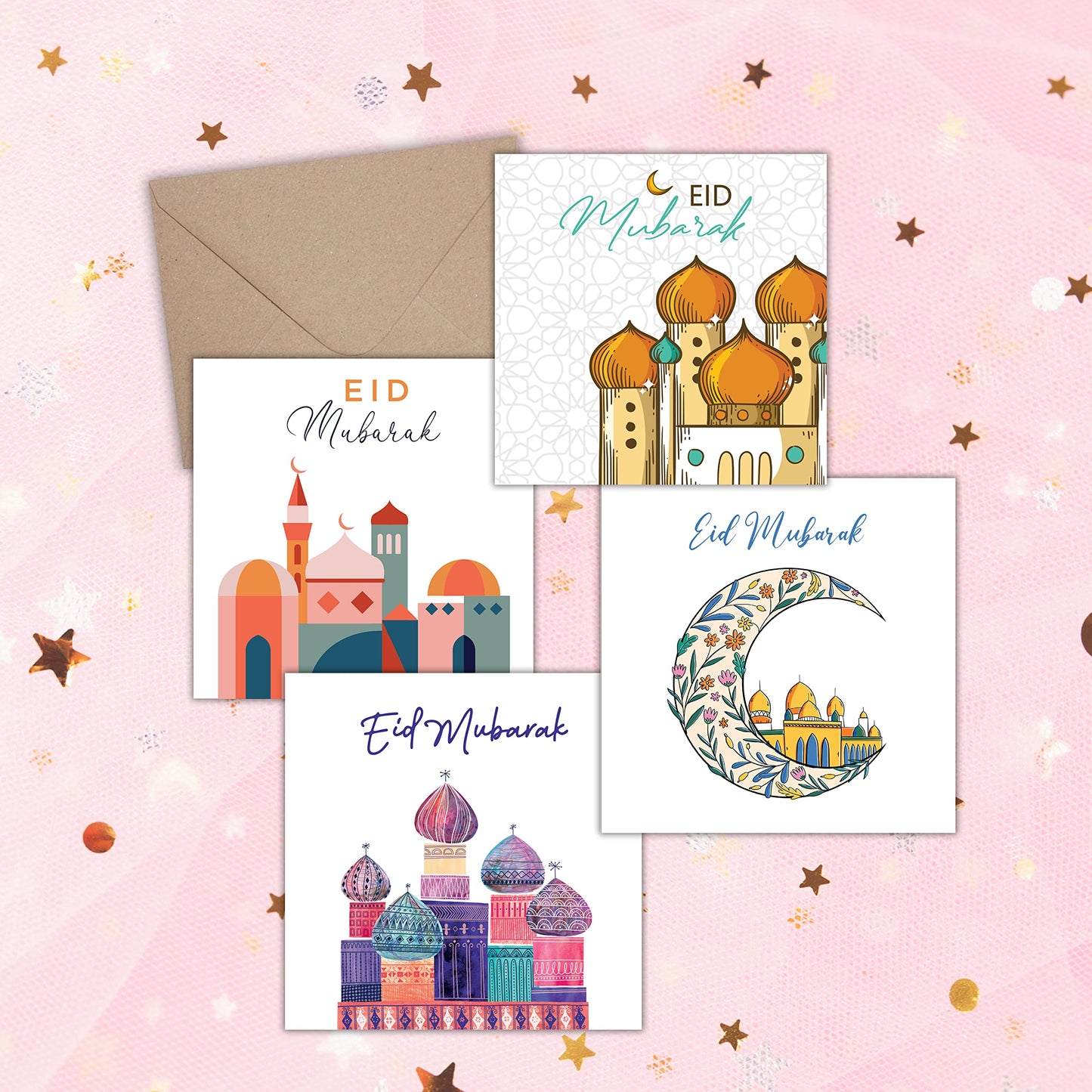 Giftinghouse Eid Cards Pack of 4 with envelopes - Eid Mubarak Cards multipack greetings cards - Eco Friendly card for kids and Family