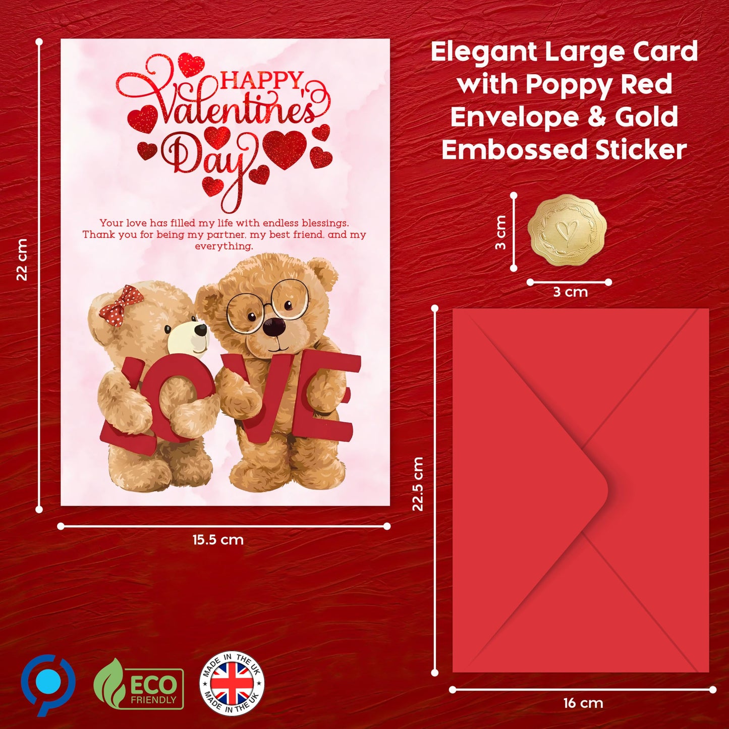 Happy Valentines Day Card – Cute Teddy Bear Design with Romantic Message – Red Foil Large Size card 22 x 15.5 cm – Valentines Card Wife, Valentines Card for Him, Her, Husband, or Fiancé – Premium 350