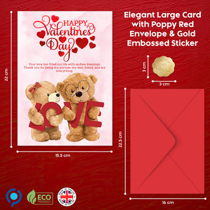 Happy Valentines Day Card – Cute Teddy Bear Design with Romantic Message – Red Foil Large Size card 22 x 15.5 cm – Valentines Card Wife, Valentines Card for Him, Her, Husband, or Fiancé – Premium 350