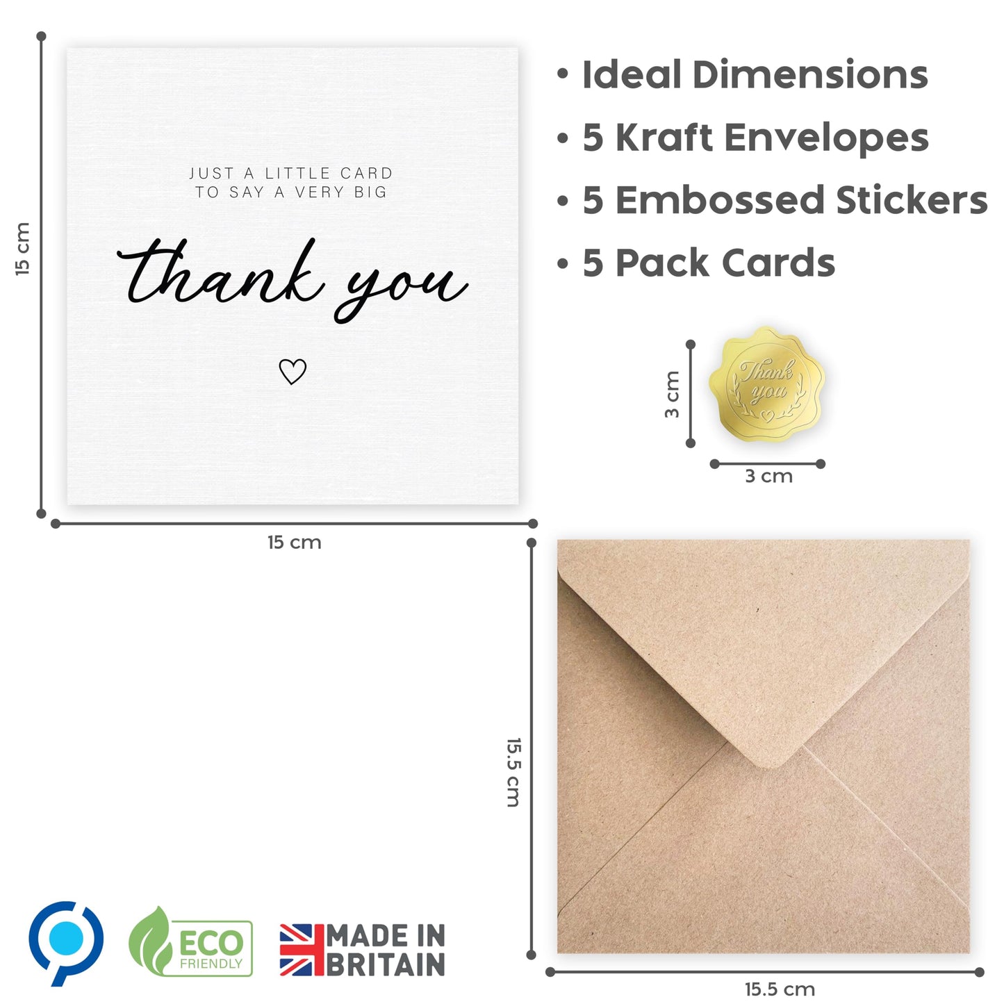 5 Thank You Cards with Embossed Gold Foil Stickers and Kraft Envelopes – A Little Card To Say Big Thank You - Made in the UK