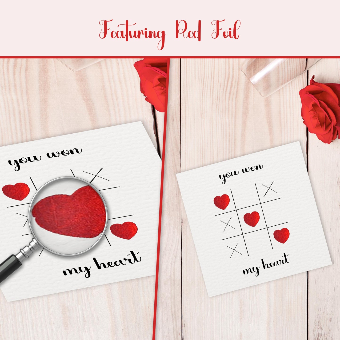 Valentines day card – You Won My Heart – Red Foil Heart Design – Eco-Friendly 150 x 150mm – Perfect Valentines Card for Him, Her, Husband, Wife, or Fiancé – Premium 350 GSM – Made in the UK