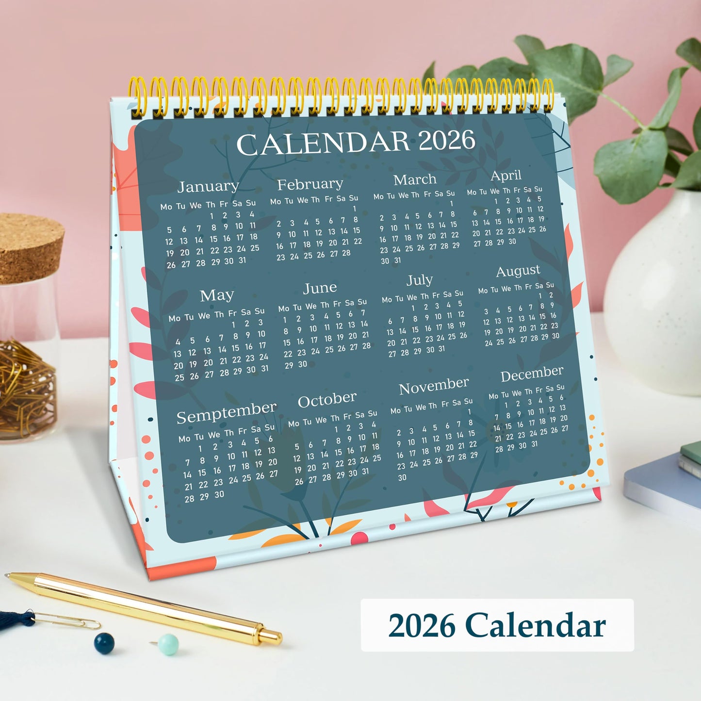Luxury Desk Calendar 2025-2025 Desk Calendar UK from Jan to Dec. 2025, Month to view desk top flip over calendar with 12 Notes Pages.