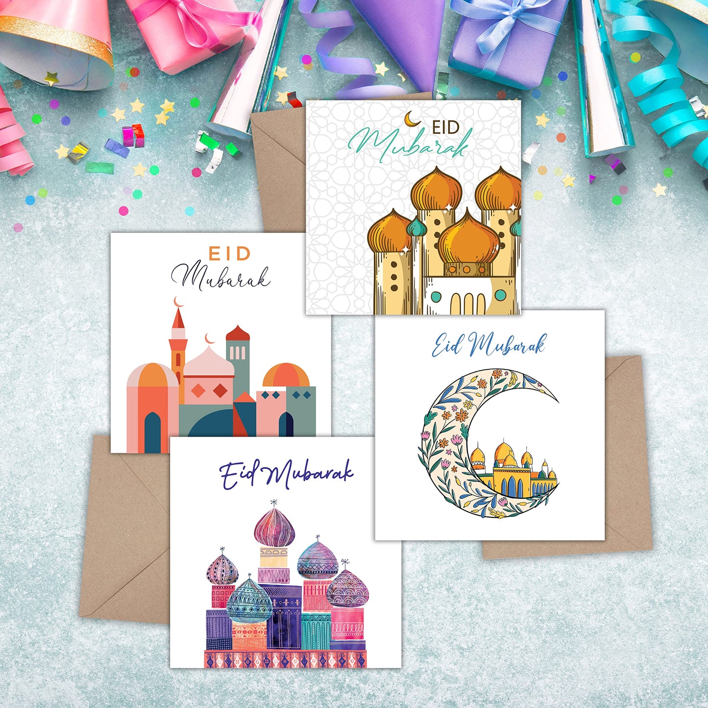 Giftinghouse Eid Cards Pack of 4 with envelopes - Eid Mubarak Cards multipack greetings cards - Eco Friendly card for kids and Family