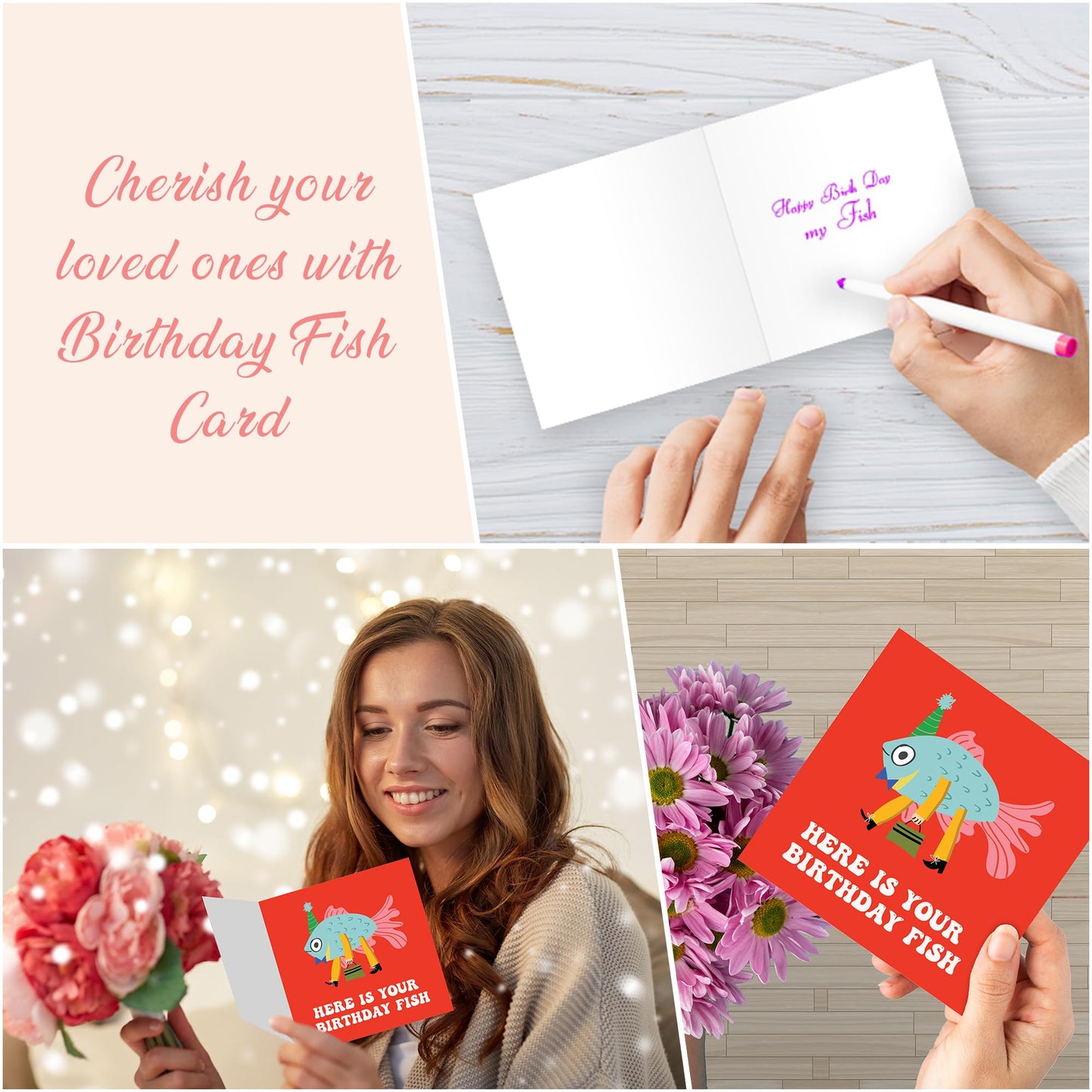 Friend Birthday Card Female with Premium Wax Seal - Here is Your Birthday Fish - Sister Birthday Card - Greeting Card for Women, Men, Son, Daughter, Wife, and Husband
