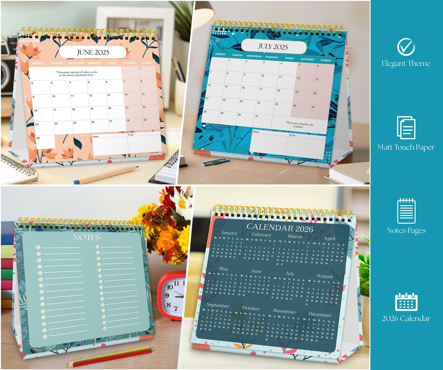 Luxury Desk Calendar 2025-2025 Desk Calendar UK from Jan to Dec. 2025, Month to view desk top flip over calendar with 12 Notes Pages.