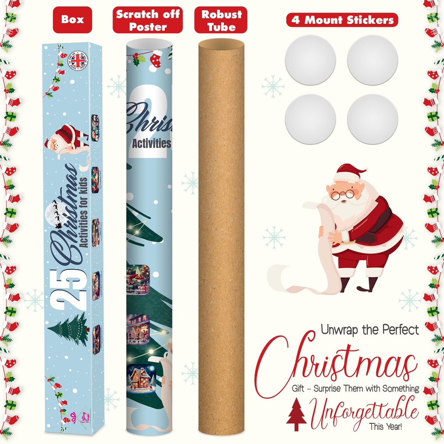 25 Fun Christmas Activities for Kids - A2 Size Christmas Scratch Off Poster for Kids - Perfect Christmas Eve Activities to Do with Kids - Christmas Gifts for Kids, Boys and Girls - Made in The UK