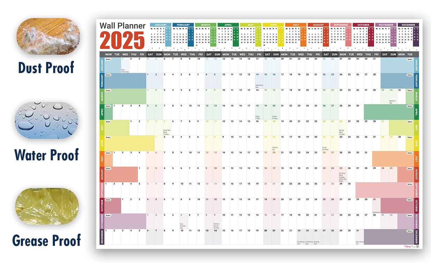 2025 Wall Planner A2 Laminated - Full Year Wall Planner 2025 UK - Wall Calendar 2025 with mount stickers for academic, office, home and school by (42 x 59.4 cm) - A2 size.
