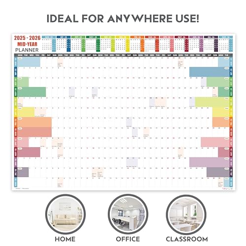 Academic Wall Planner 2025-2026 A2 Laminated – Wall Calendar from August 2025 to August 2026 – (59.4 x 42 cm) – 13 Months Mid Year Wall Planner 25/26 – Marked Holidays – Notes Space – Made in the UK