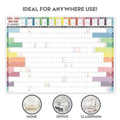 Academic Wall Planner 2025-2026 A2 Laminated – Wall Calendar from August 2025 to August 2026 – (59.4 x 42 cm) – 13 Months Mid Year Wall Planner 25/26 – Marked Holidays – Notes Space – Made in the UK