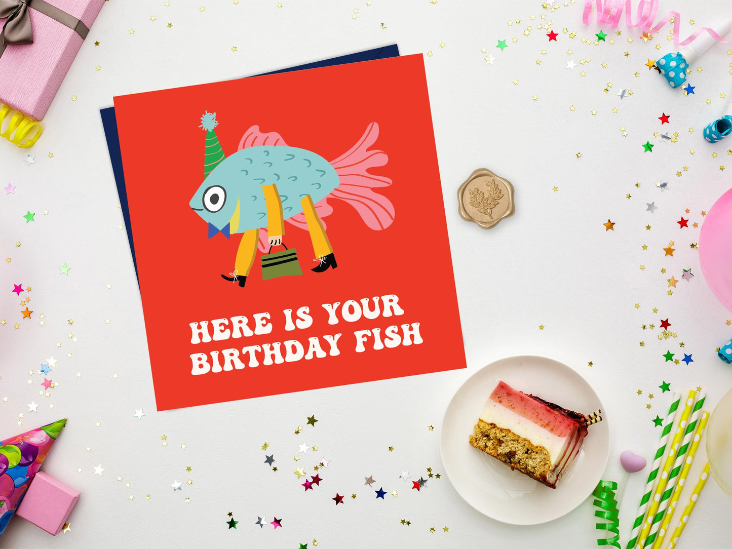 Friend Birthday Card Female with Premium Wax Seal - Here is Your Birthday Fish - Sister Birthday Card - Greeting Card for Women, Men, Son, Daughter, Wife, and Husband