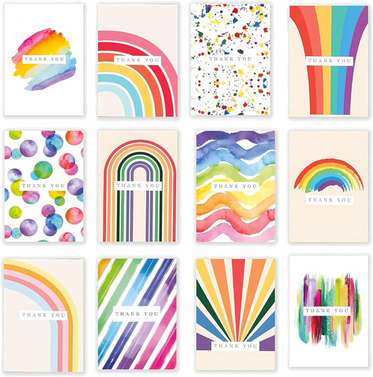 12 Thank You Cards Multipack with Envelopes - 12 Unique Watercolour and Rainbow Designs, thank you teacher cards - Greating cards for Kids, Christmas - Made in UK.