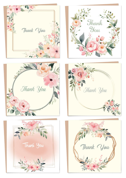 Giftinghouse Thank You Cards Multipack with Envelopes - Pack of 12/24/48 Floral Thank You Greeting Cards For Wedding, Teachers, Kids - Eco-friendly - MADE IN UK.