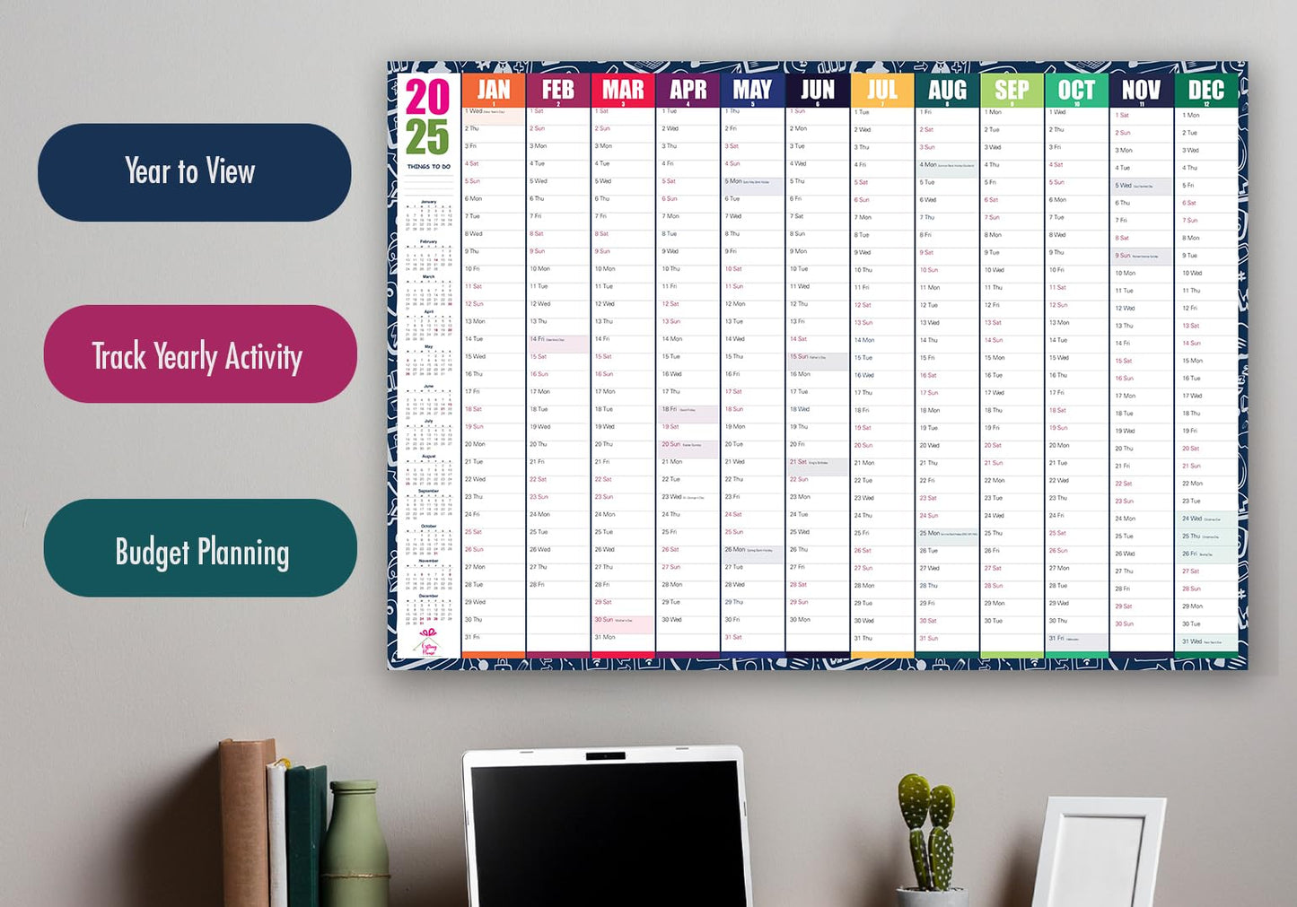 Giftinghouse 2025 Wall Planner A2 Laminated - Full Year Wall Planner 2025 UK - Wall Calendar 2025 with mount stickers for academic, office, home and school by (42 x 59.4 cm) - A2 size.