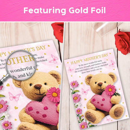 Mothers Day Card for Mum | Gold Foil Cute Teddy Bear Design with Pink Heart | Embossed Sticker & Envelope | Happy Mother’s Day Card from Daughter or Son | 22x15.5 cm | Eco-Friendly 350 GSM