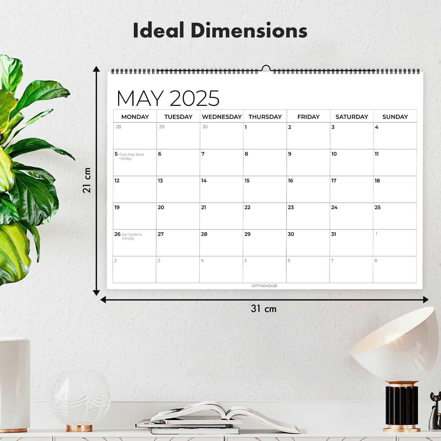 Wall Calendar 2025 - A4 2025 Calendar UK Month-to-View (Jan - Dec 2025) - Twin-Wire Binding, Hanging Hook - For Family planner, Office, Student - Made in the UK