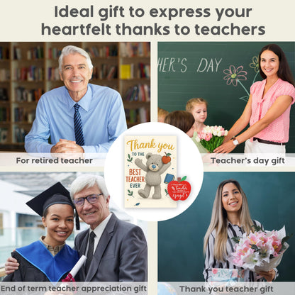 Thank You Teacher Gifts for Women & Men – Best Teacher Thank You Card with Wooden Apple Coaster and Embossed Sticker – End of Year, Leaving or Retirement Gift for Teachers – Made in the UK