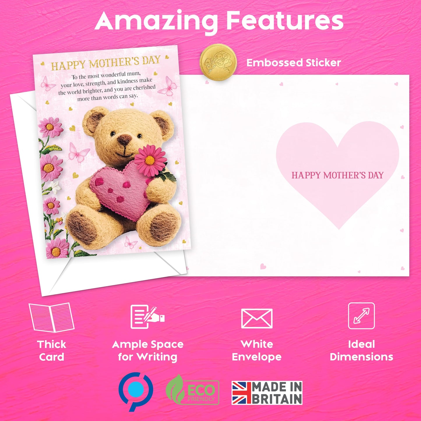 Mothers Day Card for Mum | Gold Foil Cute Teddy Bear Design with Pink Heart | Embossed Sticker & Envelope | Happy Mother’s Day Card from Daughter or Son | 22x15.5 cm | Eco-Friendly 350 GSM
