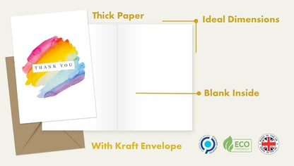 12 Thank You Cards Multipack with Envelopes - 12 Unique Watercolour and Rainbow Designs, thank you teacher cards - Greating cards for Kids, Christmas - Made in UK.