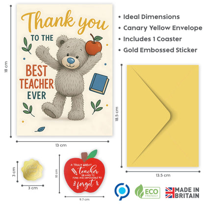 Thank You Teacher Gifts for Women & Men – Best Teacher Thank You Card with Wooden Apple Coaster and Embossed Sticker – End of Year, Leaving or Retirement Gift for Teachers – Made in the UK