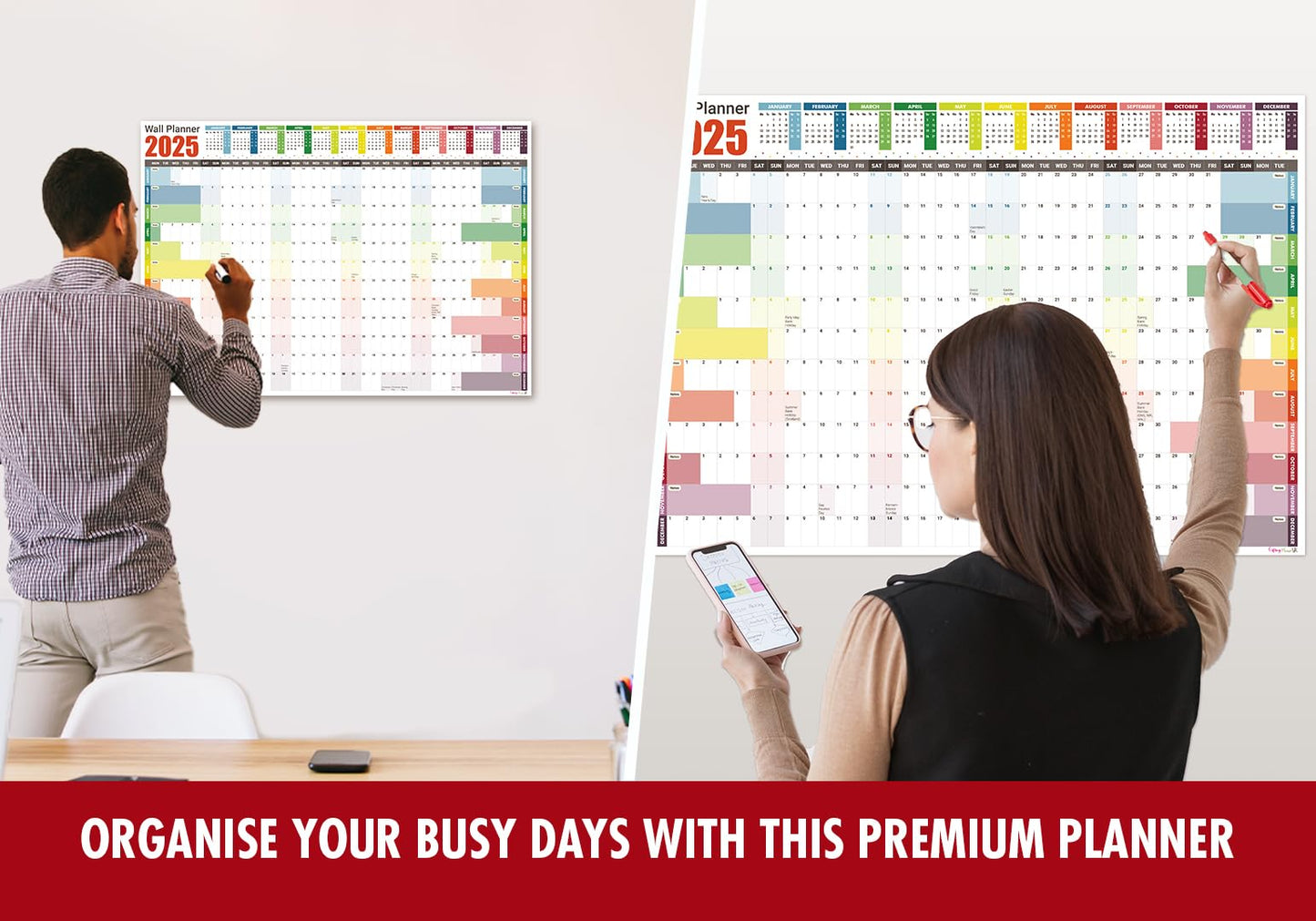 2025 Wall Planner A2 Laminated - Full Year Wall Planner 2025 UK - Wall Calendar 2025 with mount stickers for academic, office, home and school by (42 x 59.4 cm) - A2 size.