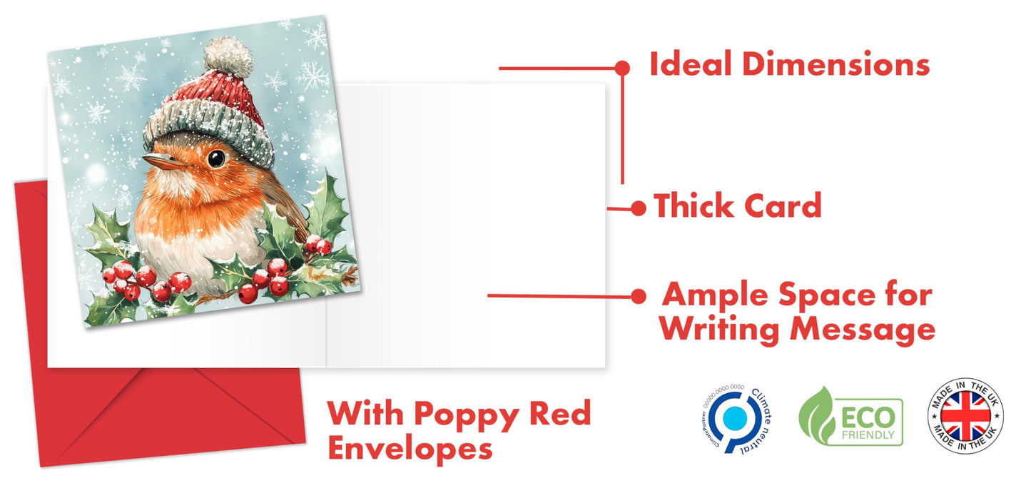 24 Christmas Cards 2024 Multipack with Envelopes - Christmas Cards Pack - Xmas Cards - Featuring Robin Christmas Cards Pack of 6 Robin Designs (125x125 mm)