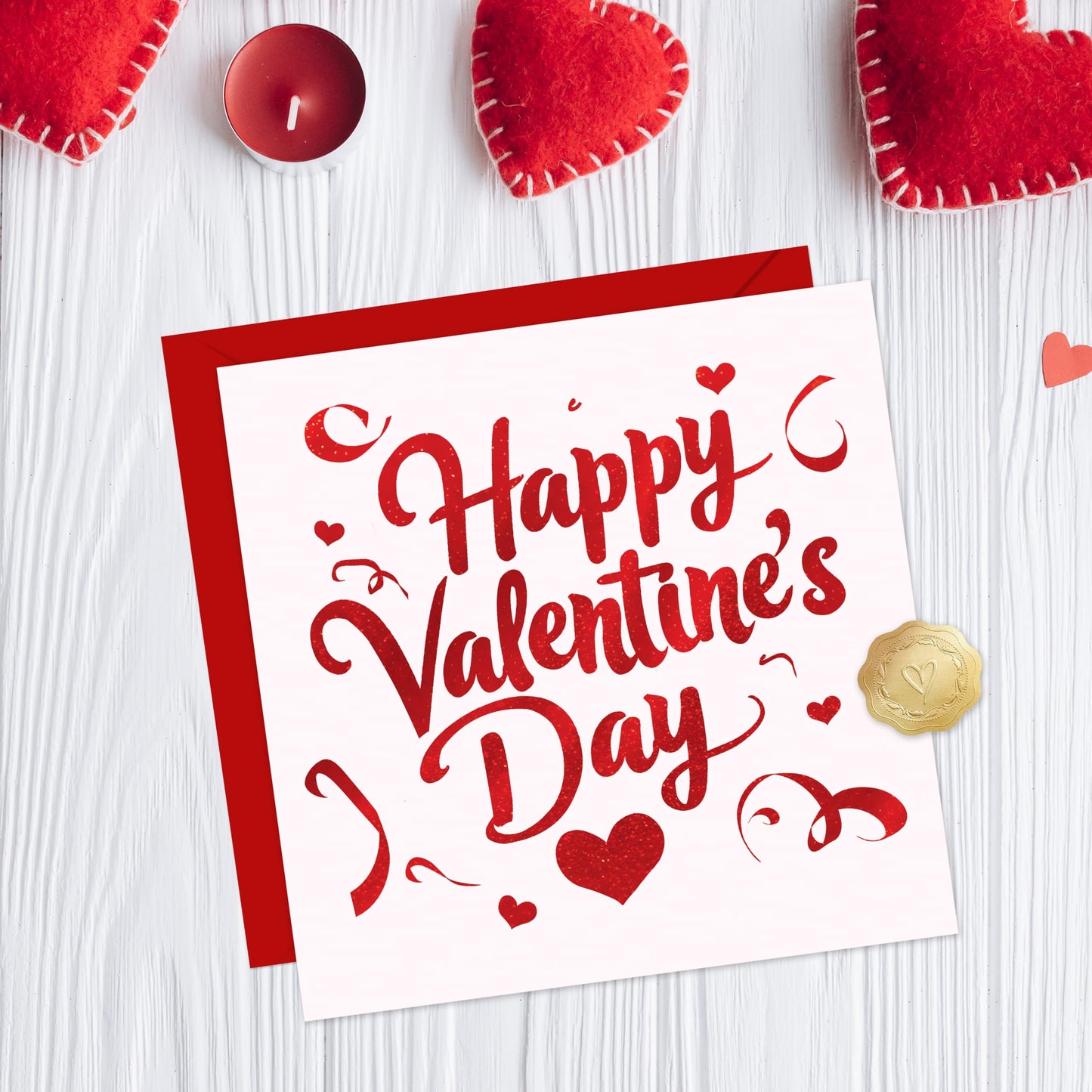 Happy Valentines Day Card with Embossed Heart Sticker - Red Foil Design - 150x150mm - Valentines Card Wife, Valentines Card for Him, Her, Husband, or Fiancé – Premium 350 GSM - Made in the UK