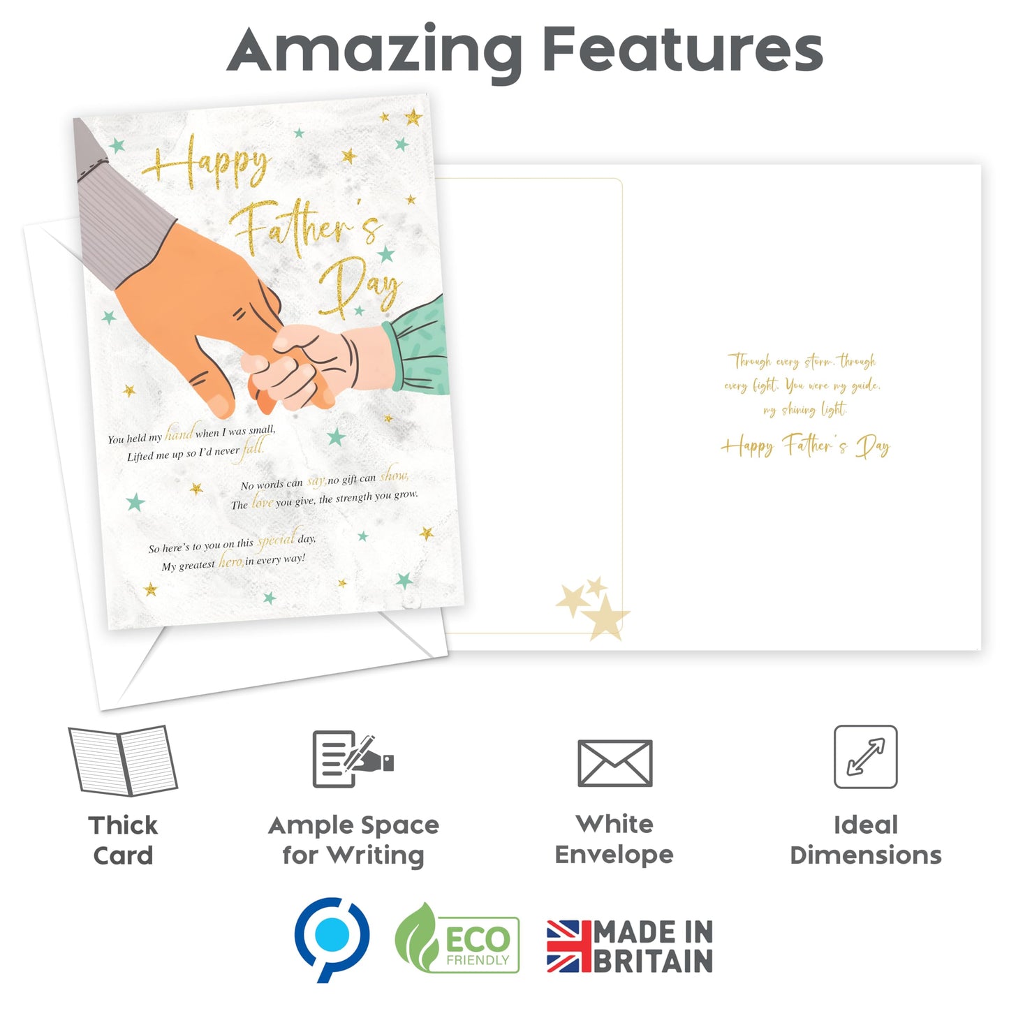 Happy Fathers Day from Daughter or Son – Gold Foil Traditional Father's Day Card – Large 22 x 15.5 cm – Gold Embossed Sticker – Made in the UK