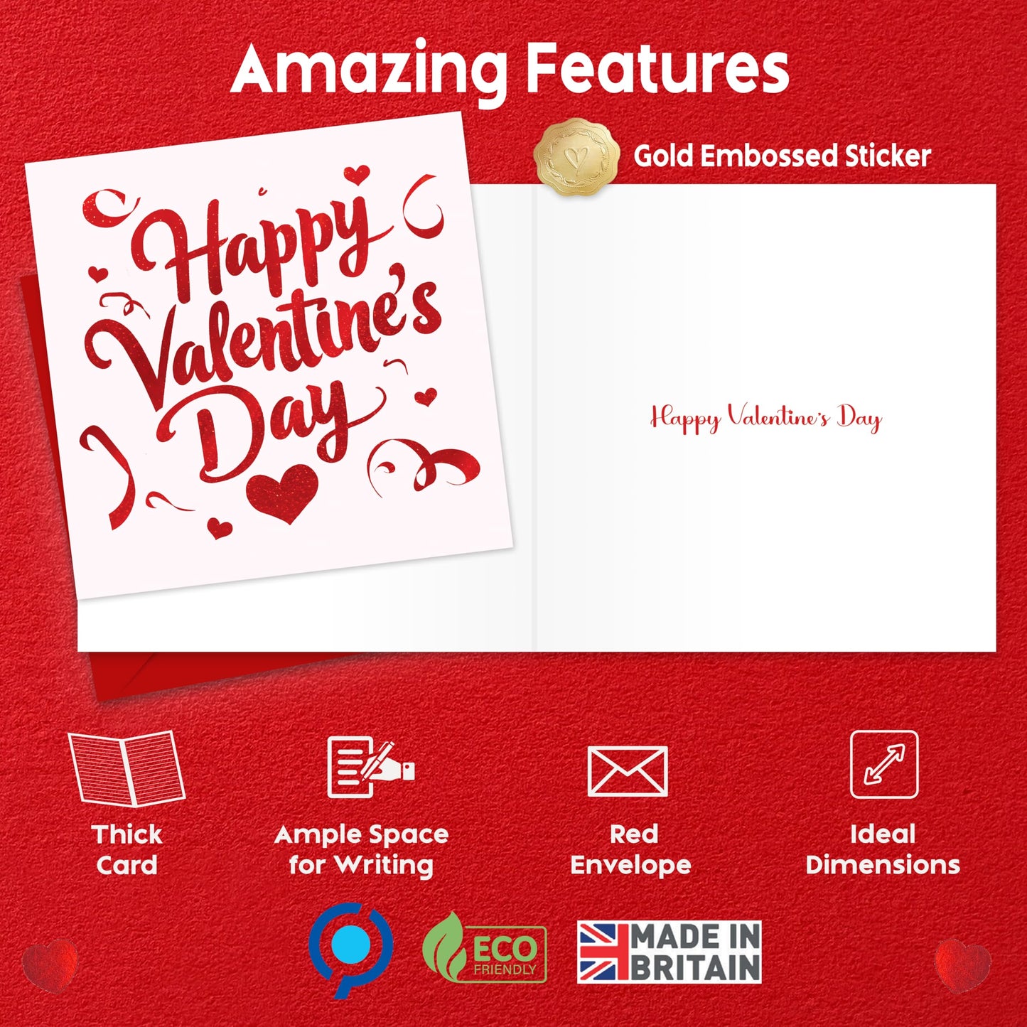 Happy Valentines Day Card with Embossed Heart Sticker - Red Foil Design - 150x150mm - Valentines Card Wife, Valentines Card for Him, Her, Husband, or Fiancé – Premium 350 GSM - Made in the UK