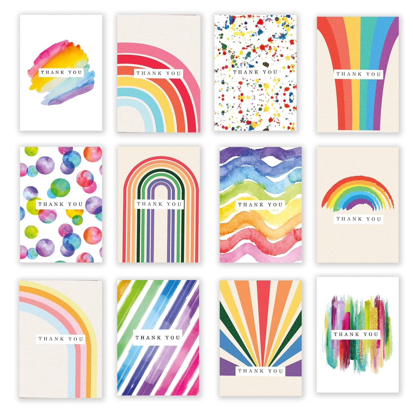 Giftinghouse Thank You Cards Multipack with Envelopes - Pack of 12/24/48 Watercolour and Rainbow Designs, Thank You Cards Bulk for Teachers and Kids, Eco-Friendly Greeting Cards