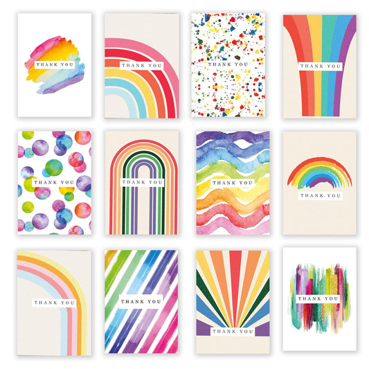 Giftinghouse Thank You Cards Multipack with Envelopes - Pack of 12/24/48 Watercolour and Rainbow Designs, Thank You Cards Bulk for Teachers and Kids, Eco-Friendly Greeting Cards