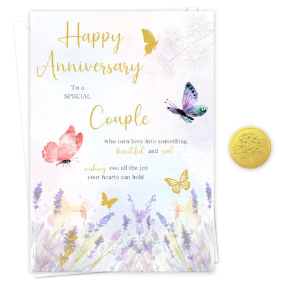Happy Anniversary Card for Couple – Elegant Gold Foil Butterfly Design with Sticker – Large 22 x 15.5 cm with Inside Message – Wedding Anniversary Card for a Special Couple – Made in the UK