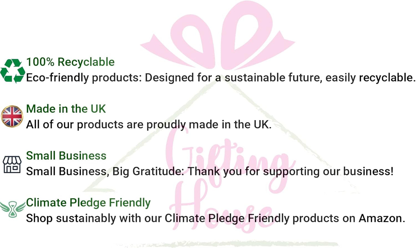 Promotional text about eco-friendly products, made in the UK, small business support, and climate pledge friendliness on a white background.