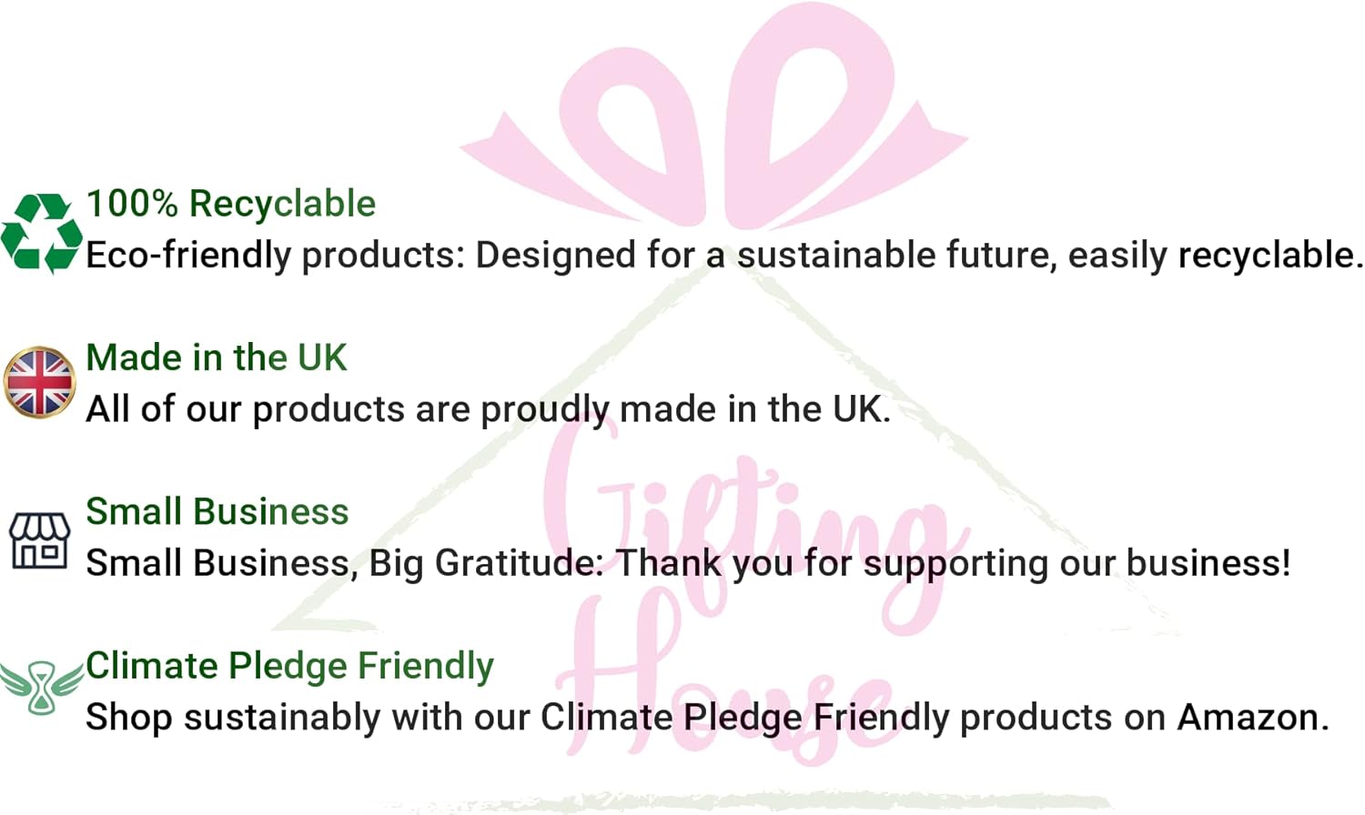 Promotional text about eco-friendly products, made in the UK, small business support, and climate pledge friendliness on a white background.