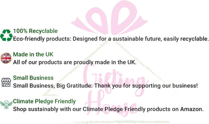 Promotional text about eco-friendly products, made in the UK, small business support, and climate pledge friendliness on a white background.