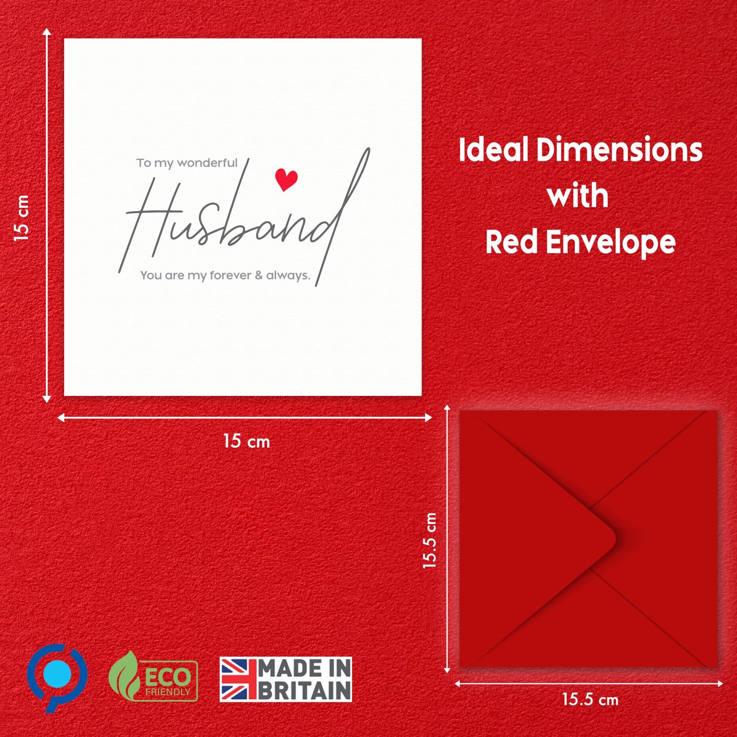 Anniversary Card for Husband – To My Wonderful Husband – Valentines card for him - 15x15cm Ideal Size – Premium 350 GSM – Made in the UK