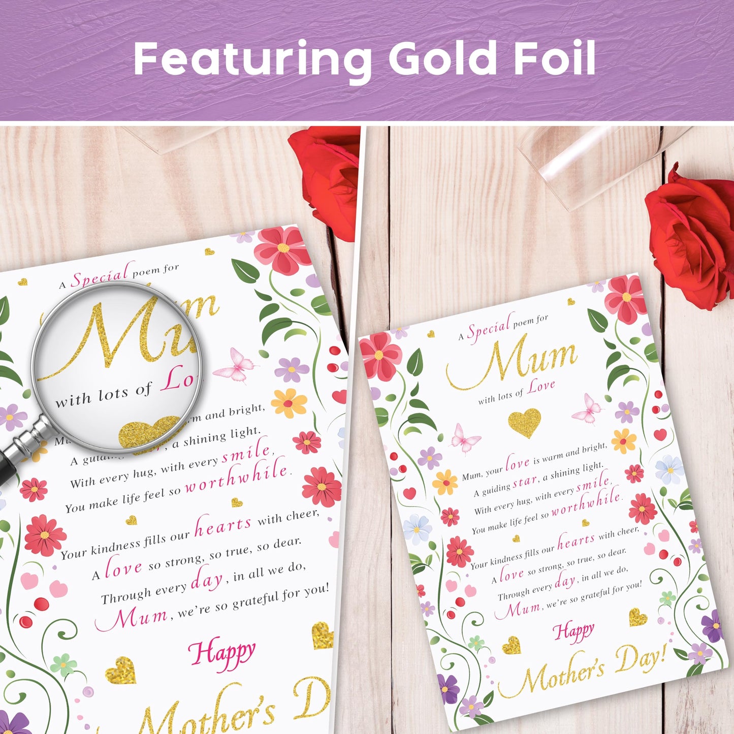 Traditional Mother's Day Card for Mum | Gold Foil card with Special poem for Mum | Happy Mothers Day Card from Daughter or Son | 22x15.5 cm | Eco-Friendly 350 GSM - Embossed Seal | Made in the UK