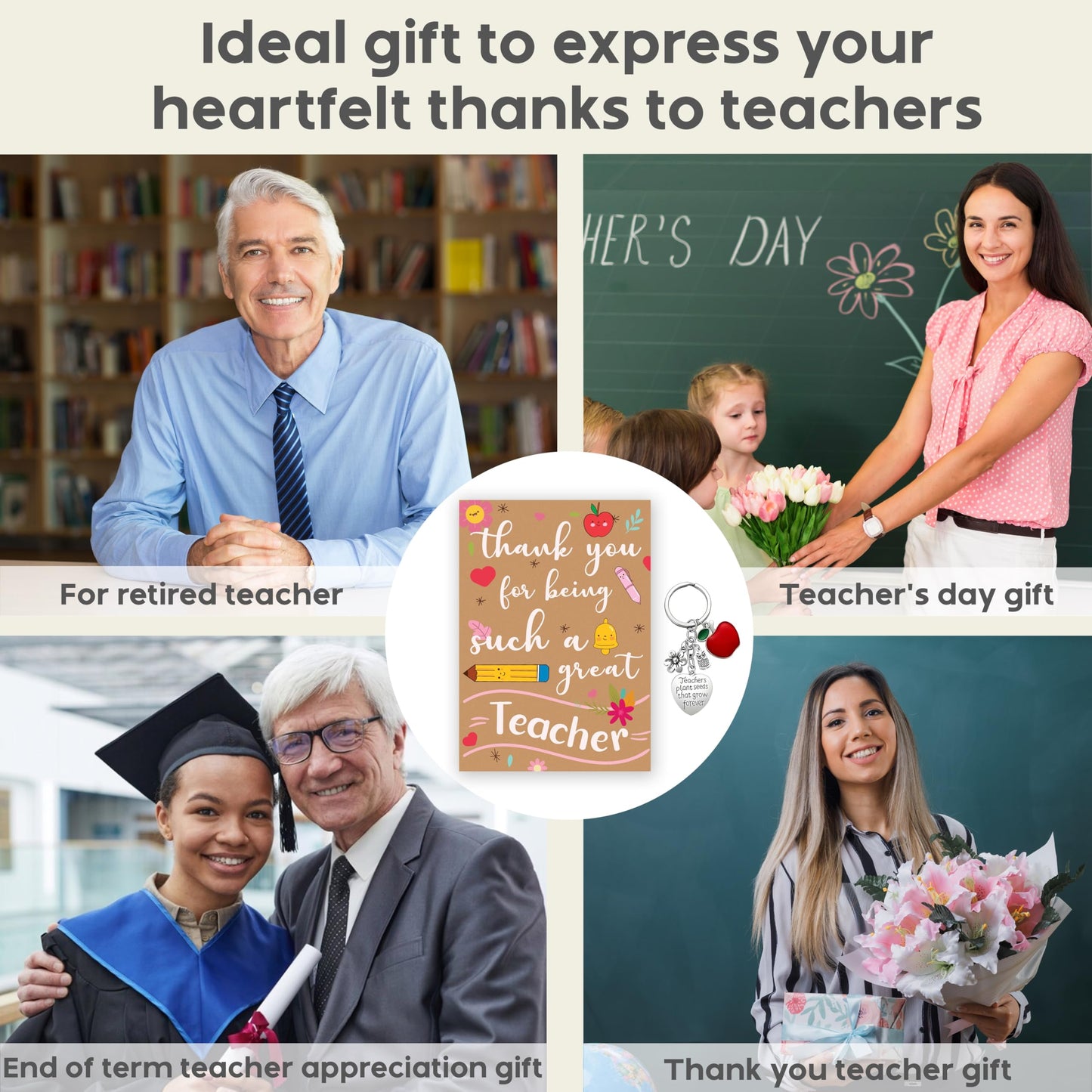 6 Pack Thank You Teacher Gifts for Women & Men – Includes 6 Appreciation Thank You Teacher Cards and Keyrings – End of Year, Leaving, Graduation or Christmas Gifts for Teachers