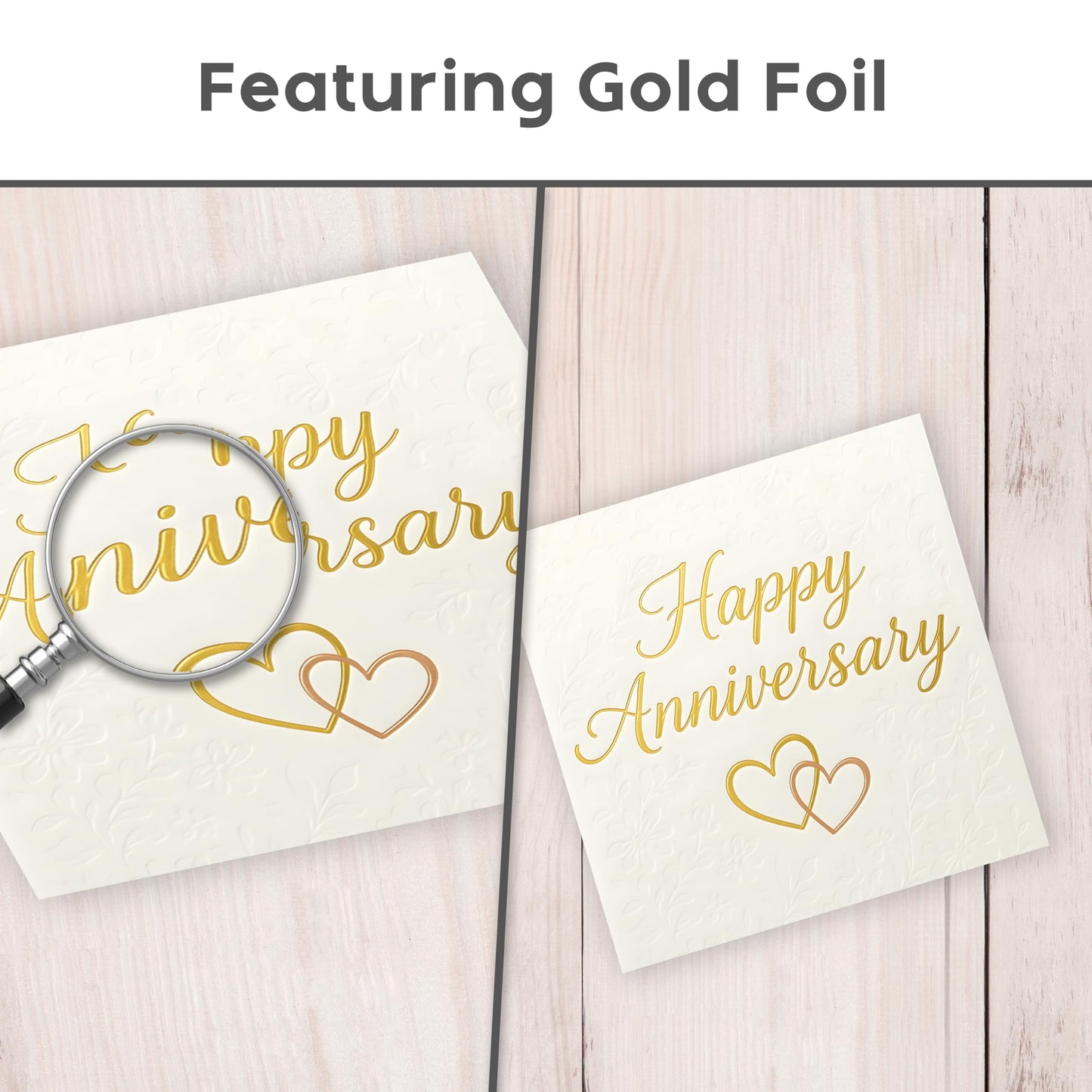 Happy Anniversary Card – Gold Foil Embossed Design with Sticker – Wedding Anniversary Card for Husband, Wife, Him, Her, Mum, Dad & Couples – 15x15 cm – Made in the UK