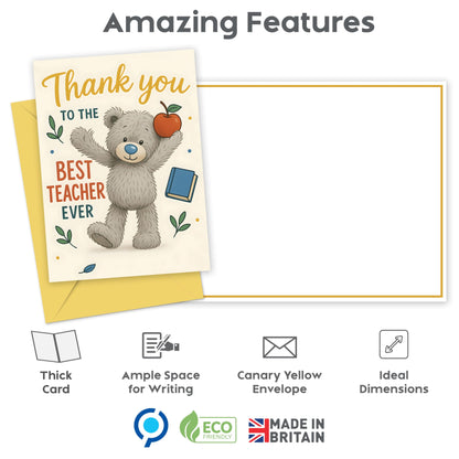 Thank You Teacher Gifts for Women & Men – Best Teacher Thank You Card with Wooden Apple Coaster and Embossed Sticker – End of Year, Leaving or Retirement Gift for Teachers – Made in the UK